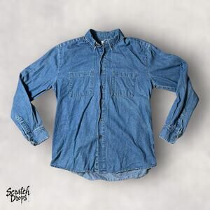 Open Trails Medium Denim Shirt Vintage 90s Long Sleeve Classic Blue Jean Top M02